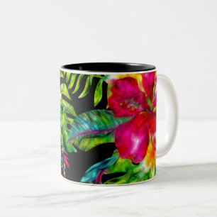 Caneca De Café Em Dois Tons Folhas de Hibiscus Tropical de Cor Brilhante