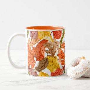 Caneca De Café Em Dois Tons Folhas de Outono Colorido Botânico Sazonal