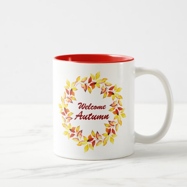 Caneca De Café Em Dois Tons Folhas de Outono em Aquarela (Direita)