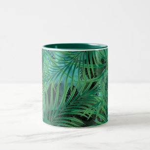 Caneca De Café Em Dois Tons Folhas de palma, verdes, tropicais