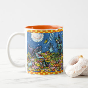 CANECA DE CAFÉ EM DOIS TONS FOLHAS DE RASTREAMENTO DE GATOS BRANCOS E PRETOS, 