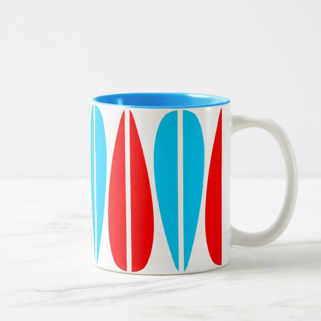 Caneca De Café Em Dois Tons Folhas de Retro - Vermelho e Azul-Céu (Direita)