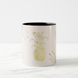 Caneca De Café Em Dois Tons Folhas Florais Botânicas Tropicais Abacaxi Dourado