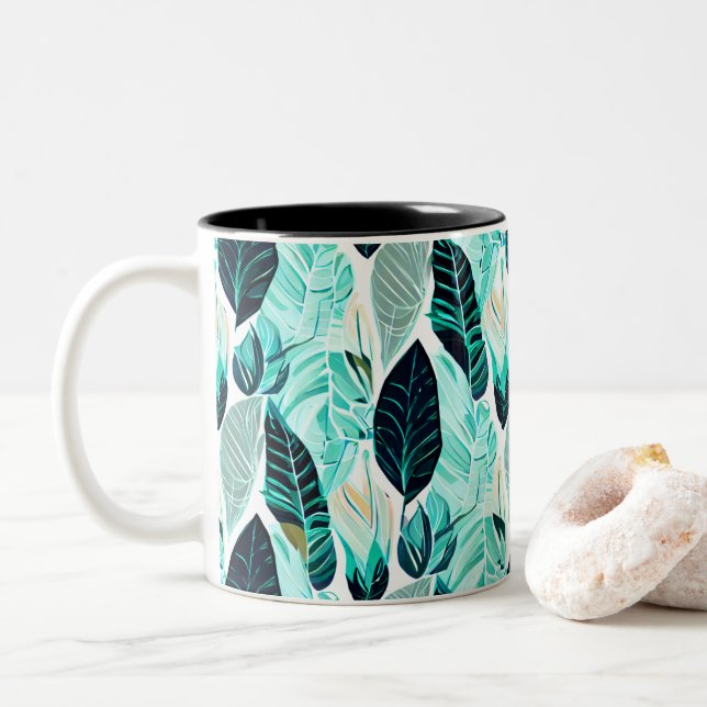 Caneca De Café Em Dois Tons Folhas verdes (Com Donut)
