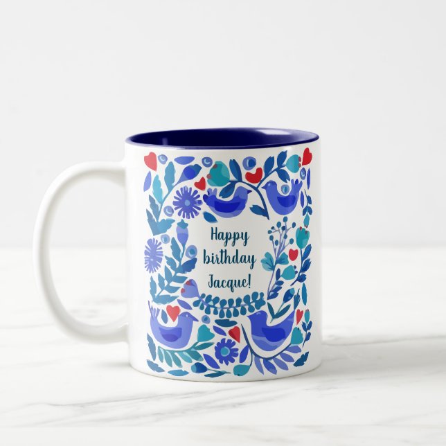 Caneca De Café Em Dois Tons Folk Art Bluebird Personalizado Mug (Esquerda)