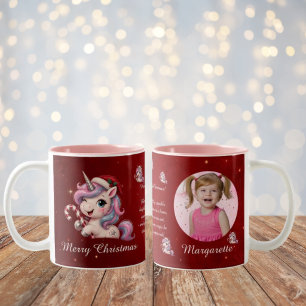 Caneca De Café Em Dois Tons Foto de Menina Unicórnio de Natal Vermelho Mágico