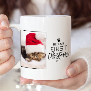 Caneca De Café Em Dois Tons Foto do Natal do gato da árvore de Natal primeira