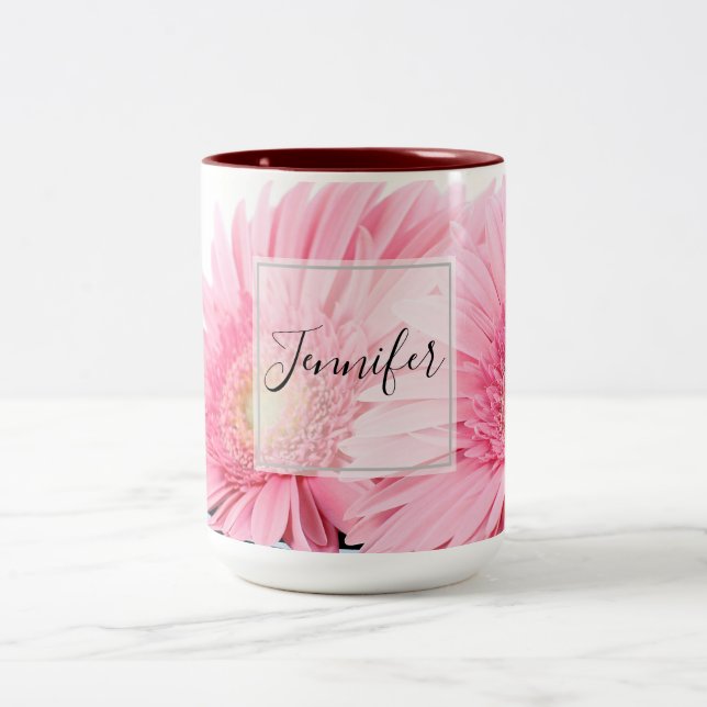 Caneca De Café Em Dois Tons Foto Elegante Rosa Gerbera Daisies (Centro)