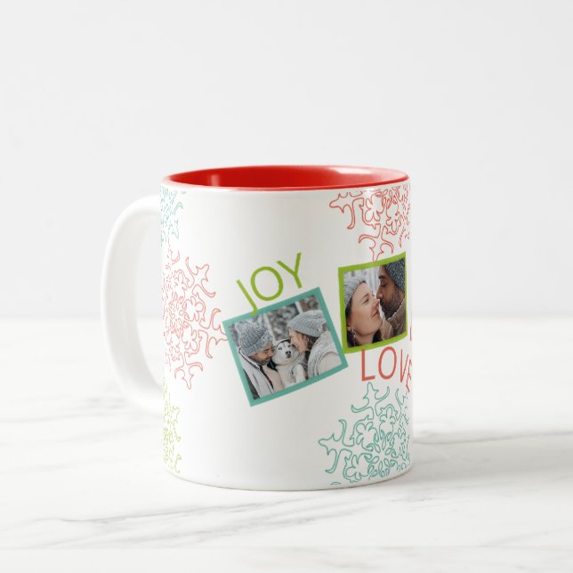Caneca De Café Em Dois Tons Foto Paz Amor Joy Snowflake Gift Mug (Frente Esquerda)