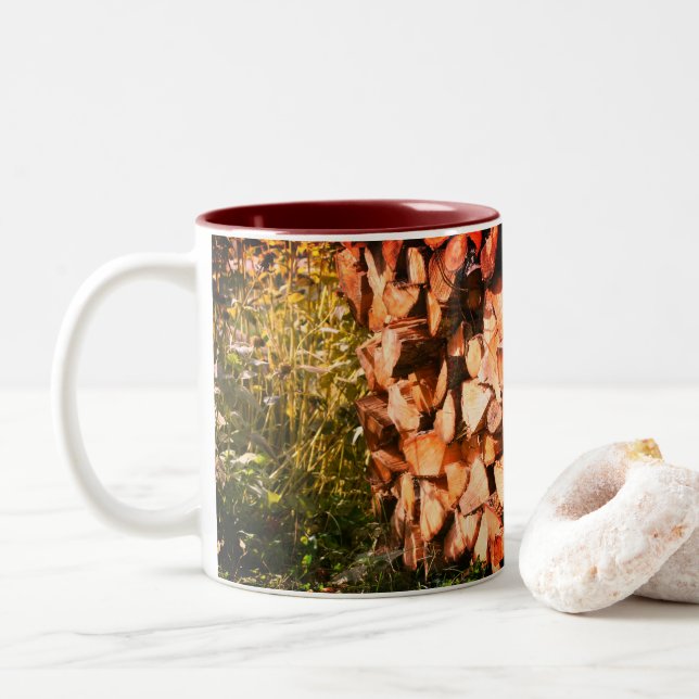 Caneca De Café Em Dois Tons Fotografia com Firewood (Com Donut)