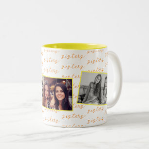Caneca De Café Em Dois Tons Fotos Personalizadas de Irmãs com Amarelo e Laranj