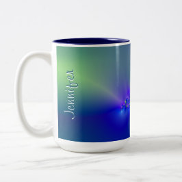 Caneca De Café Em Dois Tons Fractal 44 (azul, verde e roxo)