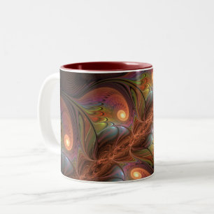Caneca De Café Em Dois Tons Fractal Castanho Abstrato fluorescente colorido