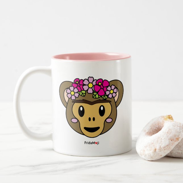 Caneca De Café Em Dois Tons Frida Kahlo | FridaMoji - macaco (Com Donut)