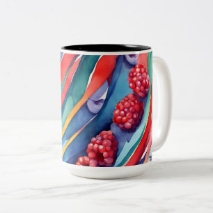 Caneca De Café Em Dois Tons Frutas Silvestres e Listras Coloridas Frescas