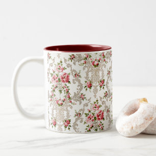 Caneca De Café Em Dois Tons Fundo Branco-Floral do Rococo Francês Elegante