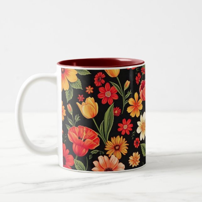 Caneca De Café Em Dois Tons Fundo Preto Com Flores (Esquerda)