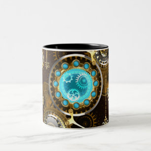 Caneca De Café Em Dois Tons Fundo Rusty Steampunk com Lentes Turquesa