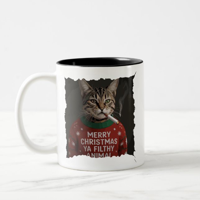 Caneca De Café Em Dois Tons Funny Christmas Smoking Cat Sarcastic Holiday Meme (Esquerda)