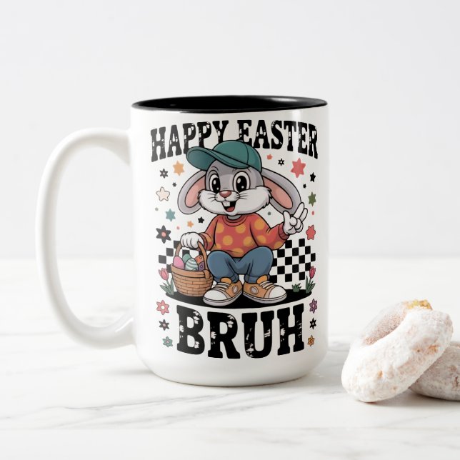Caneca De Café Em Dois Tons Funny Easter Bunny Bruh | Cool Rabbit With Sunglas (Com Donut)