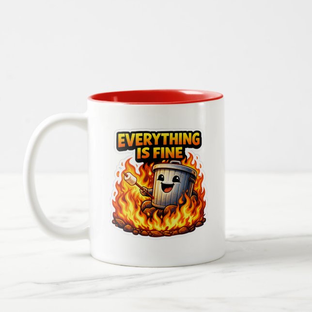 Caneca De Café Em Dois Tons  Funny Everything Is Fine Trash Can Mug (Esquerda)