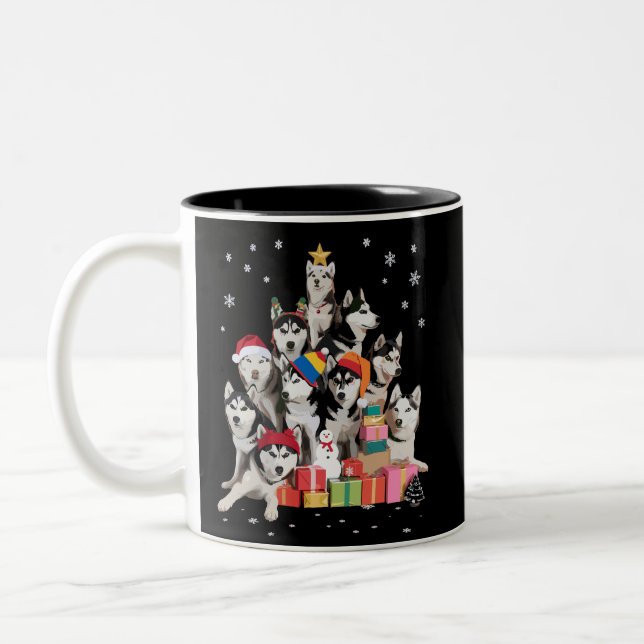 Caneca De Café Em Dois Tons Funny Siberian Husky Christmas Tree Pet Dog Lover  (Esquerda)