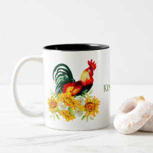 Caneca De Café Em Dois Tons Galo com Girassóis Personalizados de Aquarela Tw