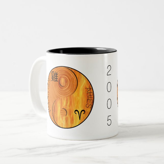Caneca De Café Em Dois Tons Galo de Madeira 1945 2005 Aries zodiac Aniversário (Frente Esquerda)