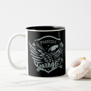 Caneca De Café Em Dois Tons Garagem de motocicleta do Biker de NOME Personaliz