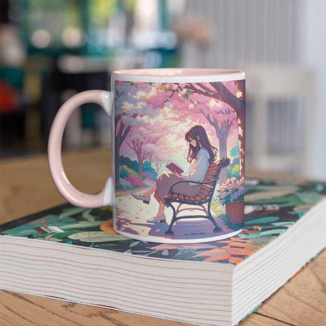 Caneca De Café Em Dois Tons Garota Anime Lendo no Parque (Criador carregado)