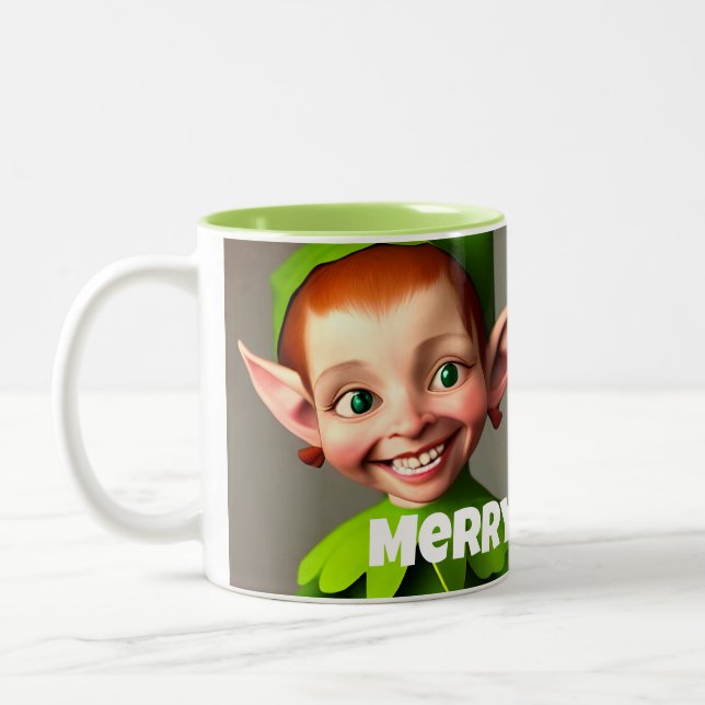 Caneca De Café Em Dois Tons Garota Engraçada Elf Feliz Cama de Natal (Esquerda)