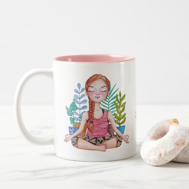 Caneca De Café Em Dois Tons Garota Meditante Com Plantas (Com Donut)