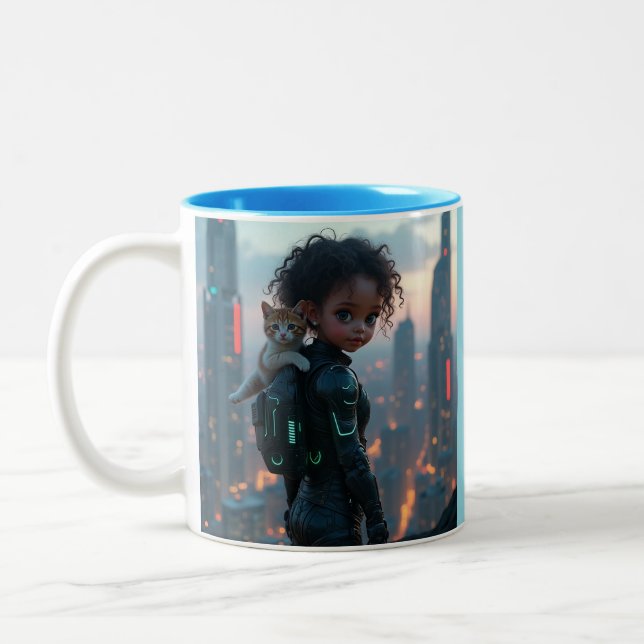 Caneca De Café Em Dois Tons garotinha africana com seu gatinho (Esquerda)