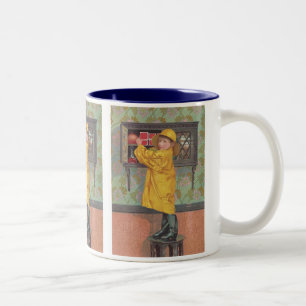 Caneca De Café Em Dois Tons Garoto em Raincoat