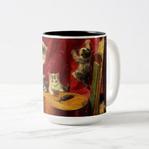 Caneca De Café Em Dois Tons Gata Mãe e Gatinhos Brincando com Guitarra