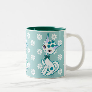 Caneca De Café Em Dois Tons Gatinha Fofa Menina Azul Água