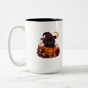 Caneca De Café Em Dois Tons • Gatinha Preta de Halloween com Bruxa na Abóbora