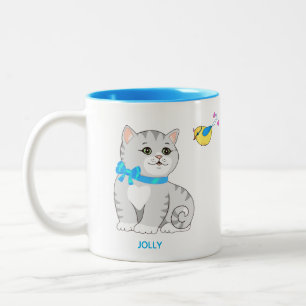 Caneca De Café Em Dois Tons Gatinho Atigrado Cinza Fofo & Passarinho