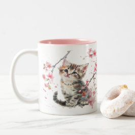 Caneca De Café Em Dois Tons Gatinho Bonito Em Flores Sakura