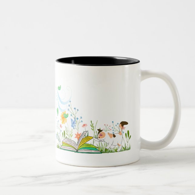 Caneca De Café Em Dois Tons Gatinho bonito lendo um livro. (Direita)