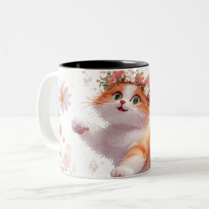 Caneca De Café Em Dois Tons Gatinho Brincalhão com Coroa de Flor de Margarida