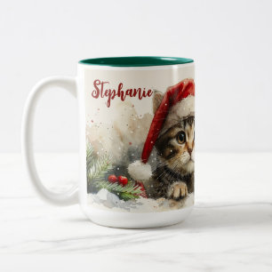 Caneca De Café Em Dois Tons Gatinho de Natal Aquarela Gato Fofo
