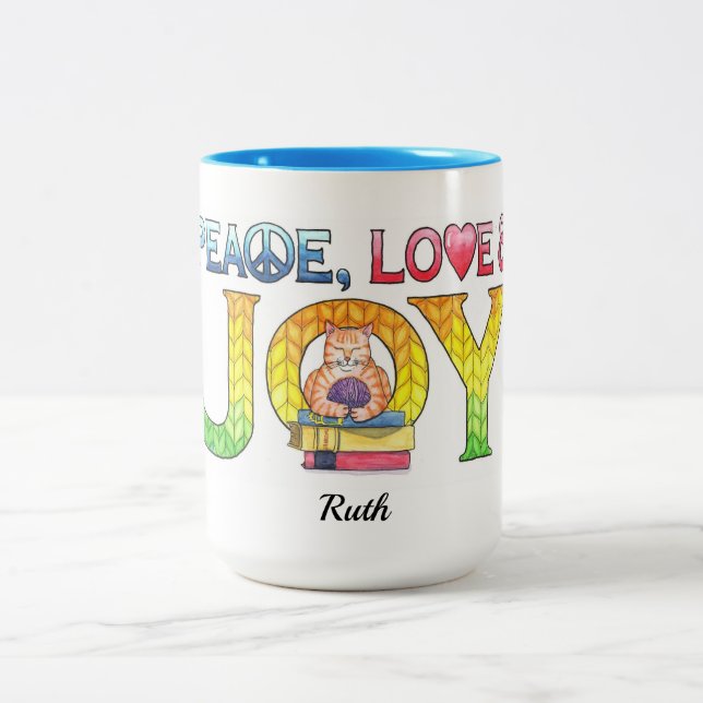 Caneca De Café Em Dois Tons Gatinho de tricô de alegria de paz personalizado (Centro)