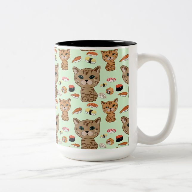 Caneca De Café Em Dois Tons gatinho e padrão sushi (Direita)