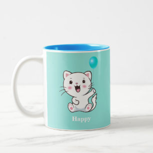 Caneca De Café Em Dois Tons Gatinho Feliz e Fofo com Balão em Turquesa Dois