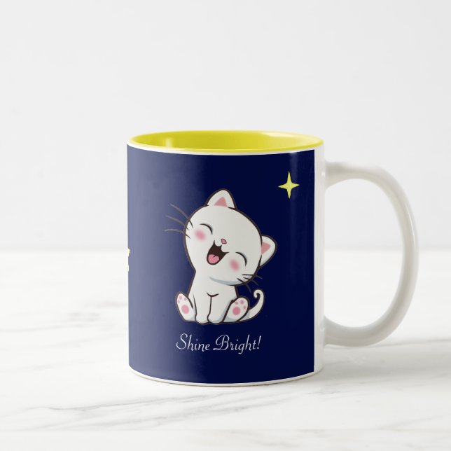 Caneca De Café Em Dois Tons Gatinho Fofo & Estrela em Azul (Direita)