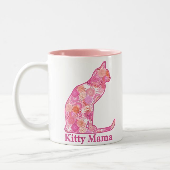 Caneca De Café Em Dois Tons Gatinho Mama Sentada Gato no Padrão Fractal Rosa (Esquerda)