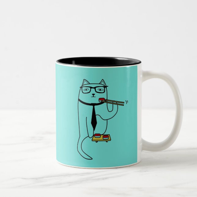 Caneca De Café Em Dois Tons Gato Adorável Aproveitando Sushi (Direita)