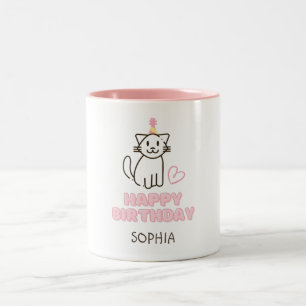 Caneca De Café Em Dois Tons Gato Adorável num Chapéu de Aniversário