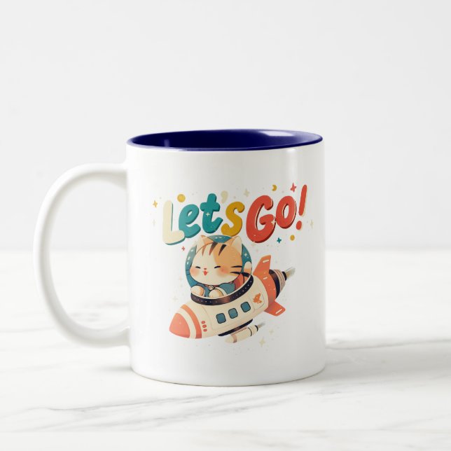 Caneca De Café Em Dois Tons Gato astronauta bonito cavalgando foguete no espaç (Esquerda)